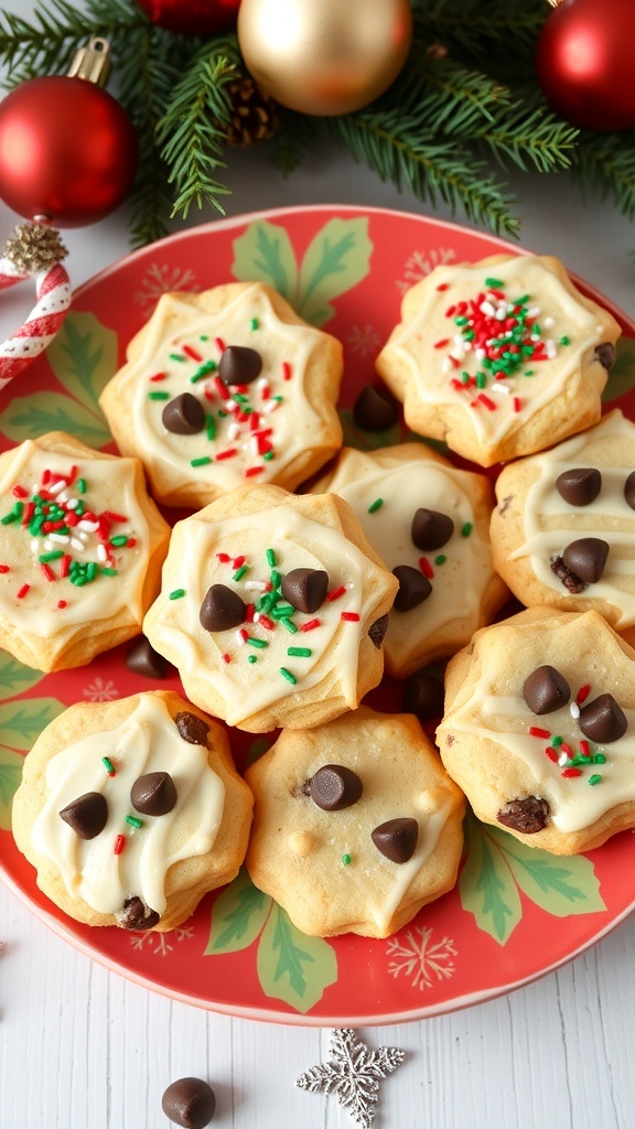 Festive Christmas Cookie Recipe A plate of Christmas cookies with sprinkles and chocolate chips, set against a festive holiday backdrop.
